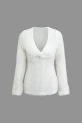 Brushed Twist Front V-neck Long Sleeve Knit Top