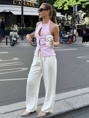 Bows Halter Neck Solid Tank Top Low Waist Mini Skirt Two Piece Set Woman Hollow T-shirt Backless Fashion Slim Skirt Suit