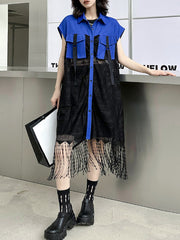 Sleeveless See-Through Split-Joint Tasseled Lapel Lace Midi Dresses