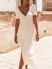 Bodycon High Waisted Buttoned Pleated Solid Color Deep V-Neck Midi Dresses