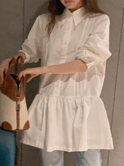 Buttoned Pleated Solid Color A-Line Long Sleeves Lapel Shirt Dress Mini Dresses
