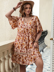 Vacation Flared Sleeves Loose Floral Printed V-Neck Mini Dress