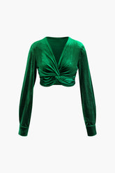 V-neck Twist Front Velvet Long Sleeve Top