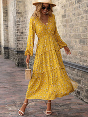 Vacation Puff Sleeves Floral Printed V-Neck Dress