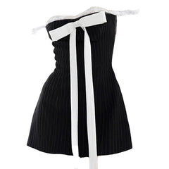 Bow Lace Striped Mini Dress