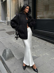 Slim Satin Long Skirt For Women High Waist Solid Party Temperament Maxi Skirts Womens Street Casual Lace Up Skirt FemmeChristmas Gifts