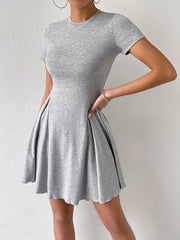 A-Line High Waisted Pleated Solid Color Round-Neck Mini Dresses