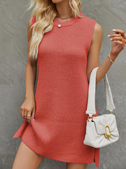 Solid Color Split-Side Tied Waist A-Line Loose Round-Neck Sweater Dresses Mini Dresses