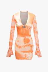 Tie Dye V-neck Tie Front Bell Sleeve Mini Dress