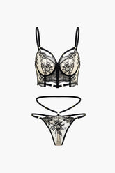 Floral Embroidery Sheer Lace Bra Top And Panties Set