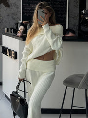 Knitted Skirt 2 Piece Set Women's One-Shoulder Long Sleeves Sweater Pullover Elegant Slim Fit Long Skirt Suit Autumn NewChristmas Gifts