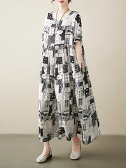 Printed A-line Loose Round-neck Midi Dresses