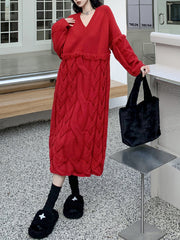 Solid Color Split-Joint Tasseled Long Sleeves Loose V-Neck Sweater Dresses Midi Dresses