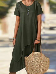 Asymmetric Solid Color Split-Joint Plus Size Short Sleeves Round-Neck Midi Dresses