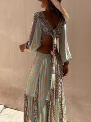 Flower Printed Asymmetry Long Sleeves Bohemia Maxi Dresses