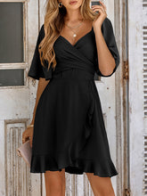 Elasticity Ruffled Solid Color Split-Joint Tied Waist Flared Sleeves Half Sleeves V-Neck Mini Dresses