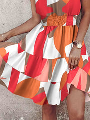 Color-Block Contrast Color Elasticity Split-Joint Loose Sleeveless Halter-Neck Mini Dresses