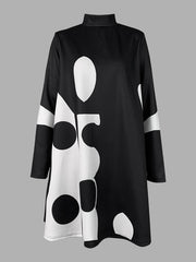 Polka-Dot Split-Joint A-Line Long Sleeves Mock Neck Mini Dresses