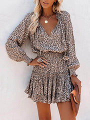 Contrast Color Leopard Pleated Split-Joint Tied A-Line Long Sleeves V-Neck Mini Dresses