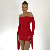 One-Shoulder Ruched Sexy Dress For Women Long Sleeve Slim Mini Dress Hip Wrap Solid High Waist Clothes Fashion StreetwearChristmas Gifts