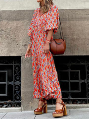 Bohemia Puff Sleeves Plaid V-Neck Dress