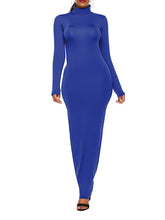 Bodycon Long Sleeves Solid Color High Neck Maxi Dresses