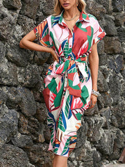 Raglan Sleeve Short Sleeves Buttoned Pleated Printed Tied Waist Lapel Midi Dresses Shirt Dress