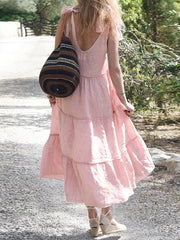 Solid Color Loose Sleeveless V-Neck Midi Dresses