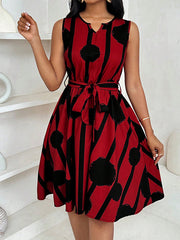 Contrast Color Tied Waist A-Line Loose Round-Neck Mini Dresses