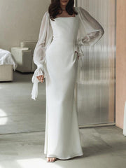 Gauze Pleated See-Through Solid Color Split-Joint Flared Sleeves Skinny Square-neck Maxi Dresses