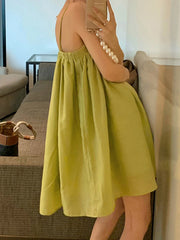 Pleated Solid Color Loose Sleeveless Spaghetti-Neck Slip Dress Mini Dresses
