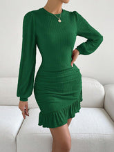 Bodycon Long Sleeves Pleated Ruffle Trim Solid Color Split-Joint Round-Neck Mini Dresses