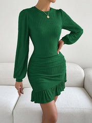 Bodycon Long Sleeves Pleated Ruffle Trim Solid Color Split-Joint Round-Neck Mini Dresses