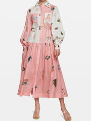 Flower Print Patchwork Lapel Collar Maxi Dresses