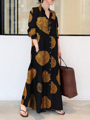 Printed Split-Joint Long Sleeves Loose Lapel Shirt Dress Maxi Dresses