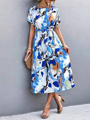 A-Line Loose Hollow Printed Tied Waist Round-Neck Midi Dresses