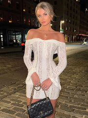 Lace Hollow Slim Mini Dress For Women One Shoulder Sexy Long Sleeves Club Party Dresses Bodycon Bandage Elegant AutumnChristmas Gifts