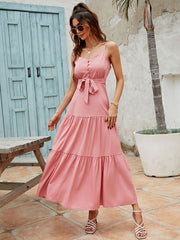 Bohemia High Waisted Solid Color U-Neck Dress