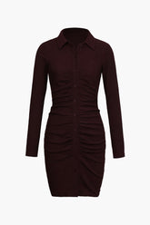 Brown Ruched Buttons Down Mini Dress