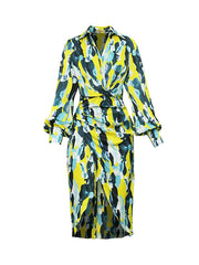 High Waisted Long Sleeves Asymmetric Pleated Printed Split-Joint Deep V-Neck Midi Dresses