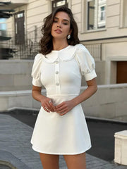 Elegant Slim Mini Dress Women Lace Short Sleeve Doll Collar Button Splice Autumn Fashion Classic Office Dresses FemaleChristmas Gifts