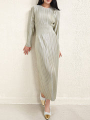 A-Line High Waisted Bronzing Pleated Shiny Solid Color Round-Neck Midi Dresses