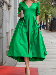 A-Line Long Sleeves Pleated Pockets Solid Color Zipper V-Neck Midi Dresses