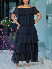 Elasticity Layered Pleated Solid Color A-Line Loose Off-The-Shoulder Maxi Dresses