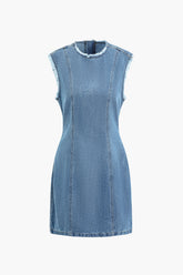 Fray Trim Zipper Round Neck Sleeveless Denim Mini Dress
