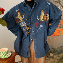 Cat Embroidery Vintage Style Denim Shirt