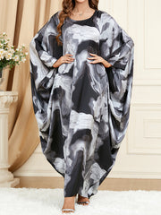 Contrast Color Printed Batwing Sleeves Long Sleeves Round-Neck Maxi Dresses