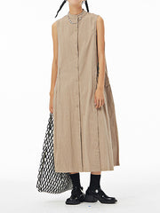 Pleated Solid Color Loose Sleeveless Stand Collar Shirt Dress Midi Dresses