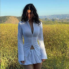 2 Piece Skirt Suit For Women Solid Color Long Sleeves Lower Back Stand Collar Zipper Top New Low Waist Folds Mini SkirtChristmas Gifts