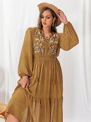 Vacation Puff Sleeves A-Line Printing Deep V-Neck Bohemia Dresses
